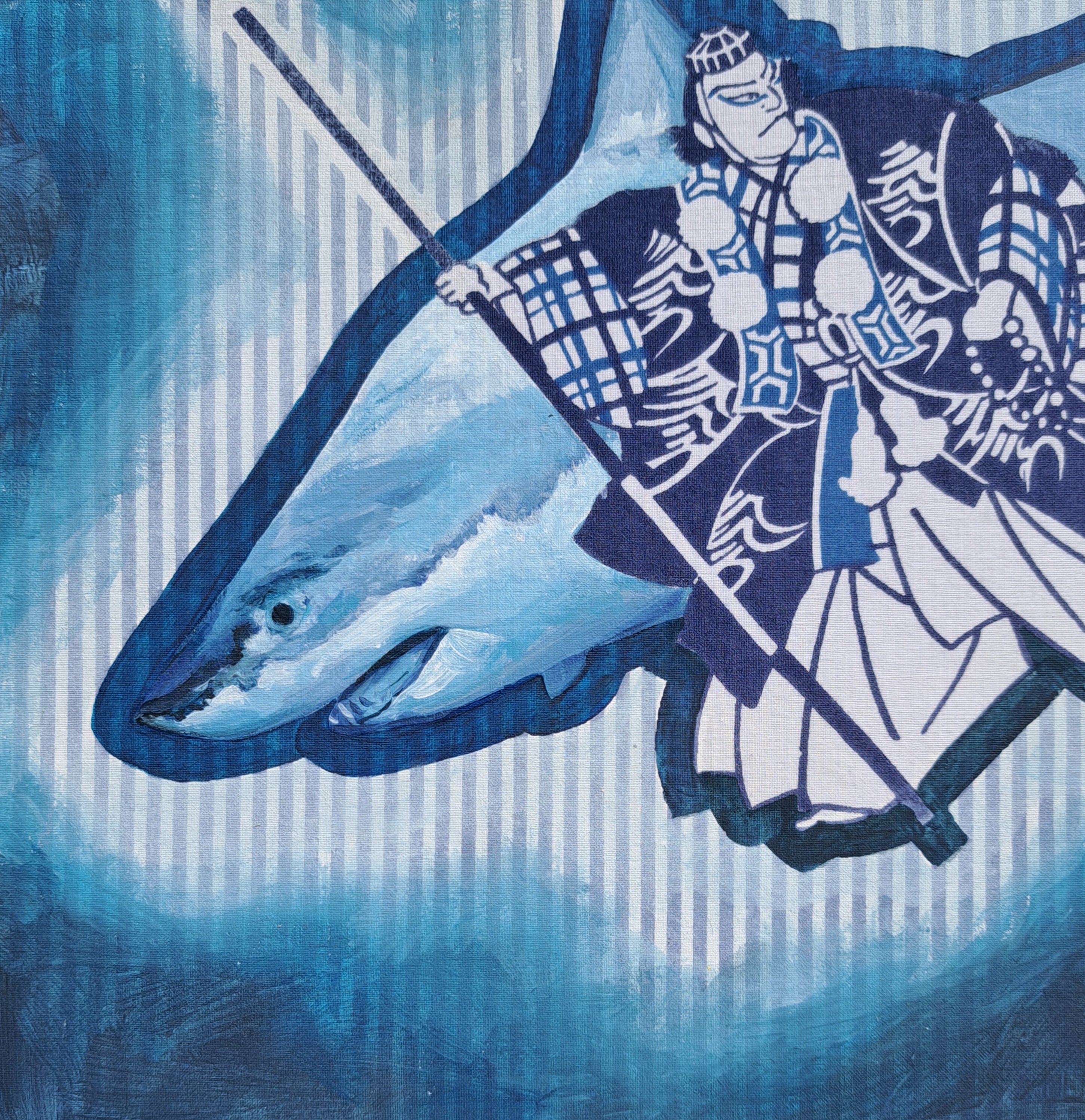Urban And Pop Animal Acrylic Painting By Andromachi Giannopoulou, 8 X 8, Samurai And Shark, Original Artwork