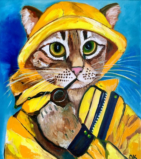 Troy The  Cat, fisherman  oil painting for cat lovers