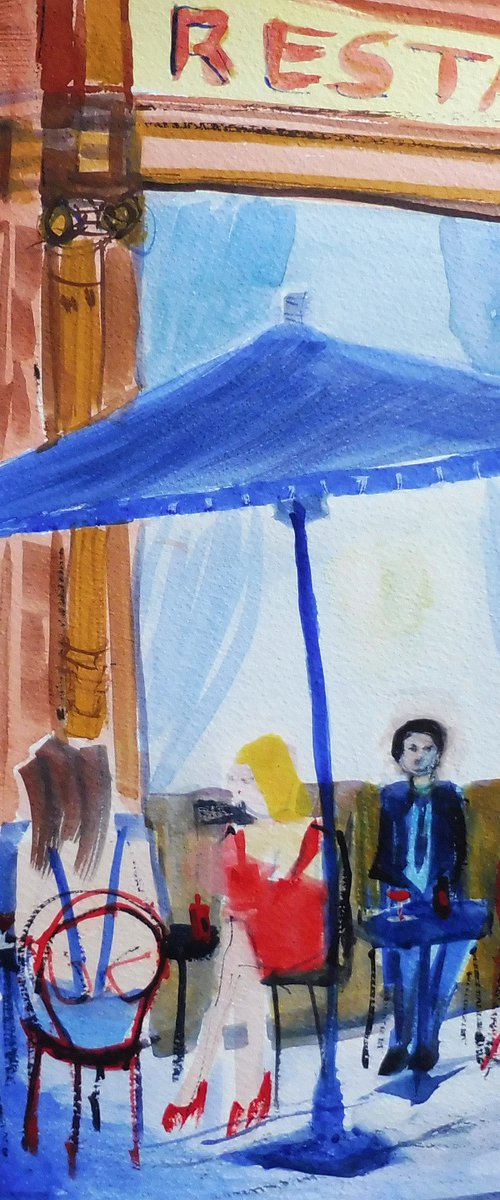 GIRLS & LONESOME, RESTAURANT RED WINE. Original Impressionistic Figurative Watercolour Painting. by Tim Taylor