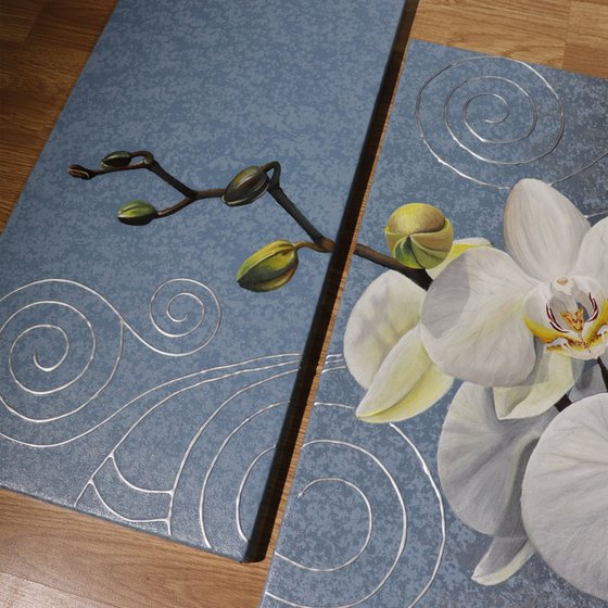 WHITE ORCHIDS  acrylic painting on canvas, 3 piece set