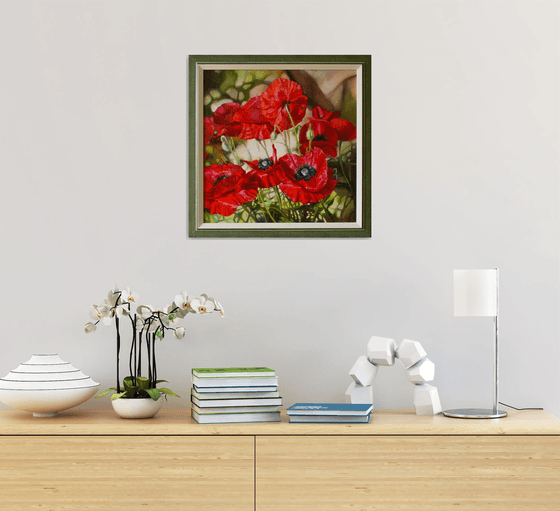 "Scarlet flashes"  flower  poppies summer liGHt original painting  GIFT (2018)