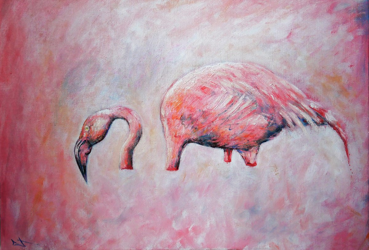 Expressive Animal Oil Painting By Lionel Le Jeune, 22 X 15", Flamingo, Original Artwork