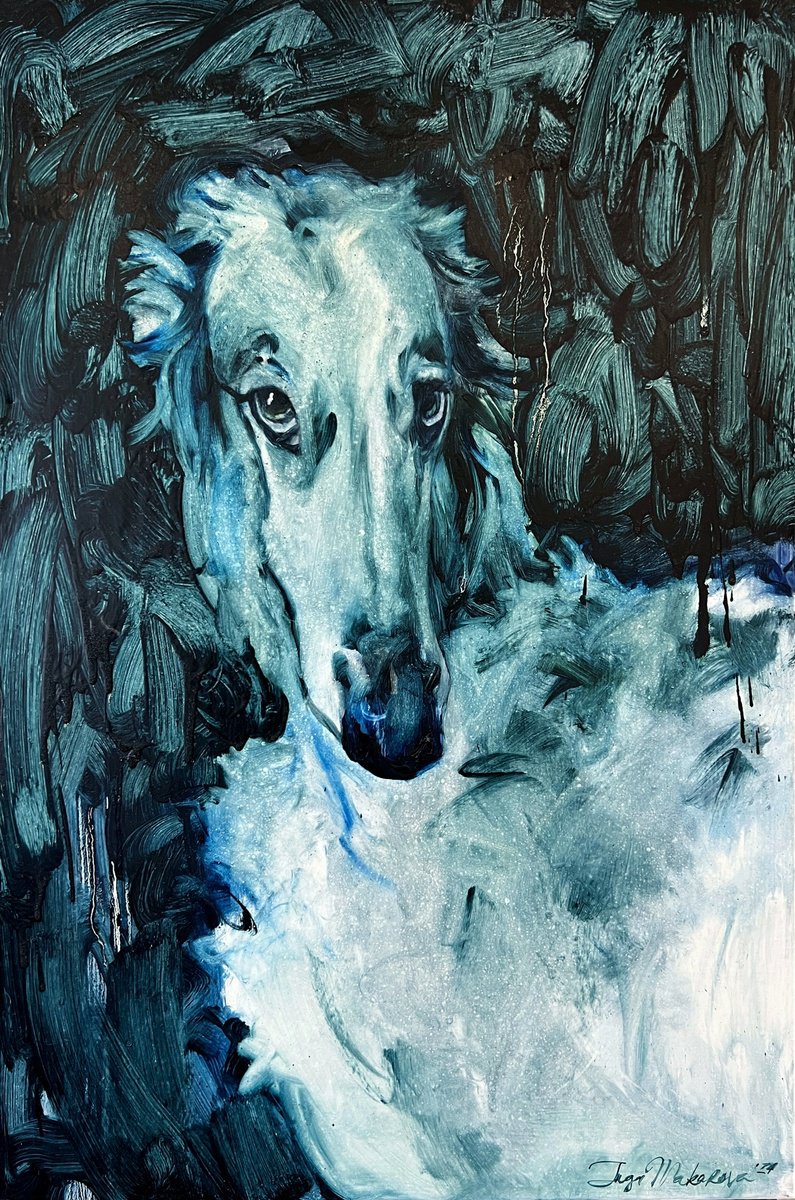 Expressive Animal Oil Painting By Inga Makarova, 20 X 30, White Dog 2, Original Artwork