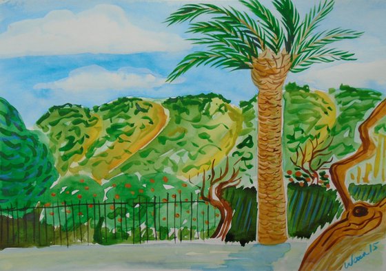 Sierra Helada with orange and palm trees