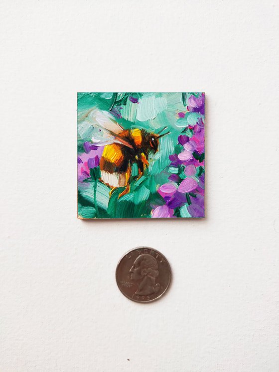 Bee artwork painting original 2x2, Bumblebee painting oil green lavander, Honey bee wall art miniature