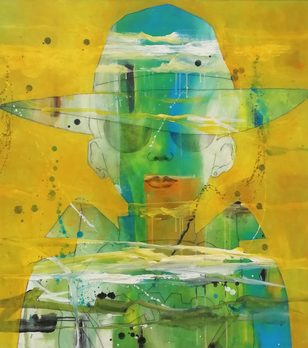 Expressive Portrait Acrylic Painting By Francisco Santos, 31 X 35, Girl With Sun Hat, Original Artwork