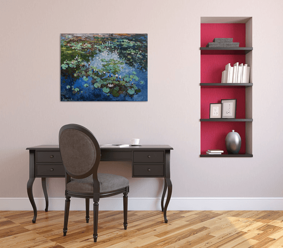 White Water Lilies - Impasto Original Oil painting 90 x 70 cm