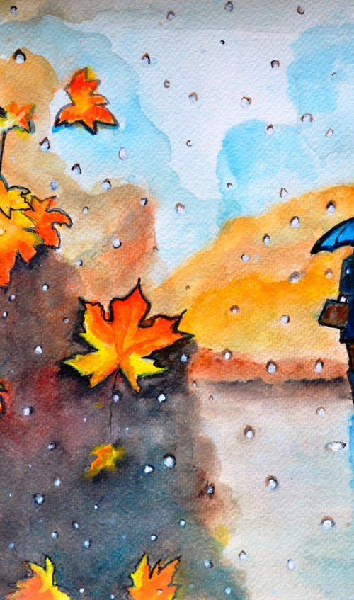 Autumn Rain vibrant colorful watercolor painting by Manjiri Kanvinde