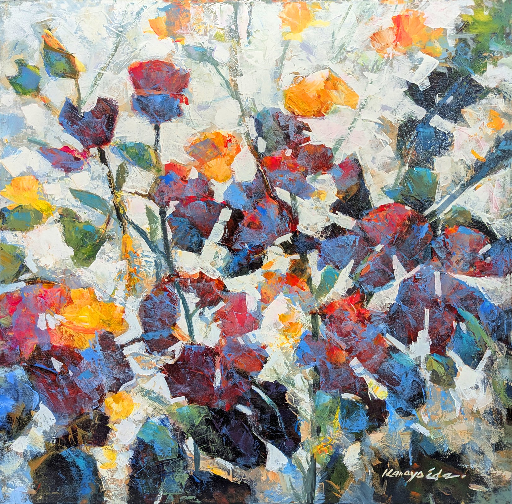 Impressionistic Botanical Acrylic Painting By Kanayo Ede, 30 X 30", Red And Gold Flowers, Original Artwork