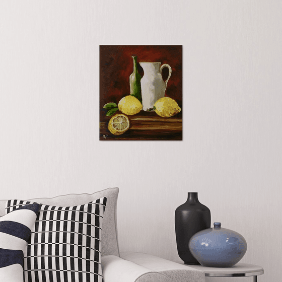 Bottles and lemons.  Still life. Palette knife painting on linen canvas