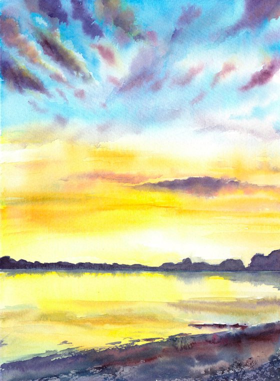 Sunset Painting, Original Landscape Painting, Original Watercolour Painting, Portrait format
