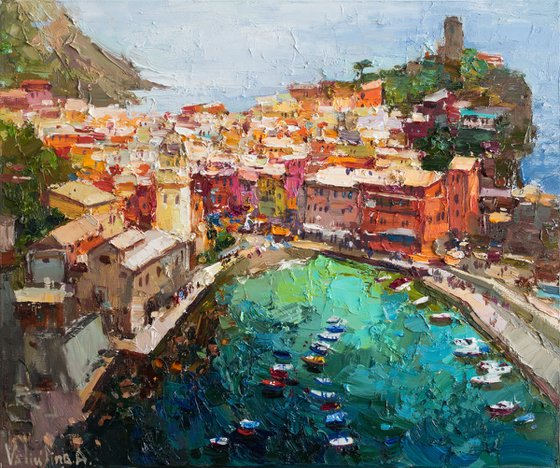 Vernazza Cinque Terre iItaly - Original impasto landscape painting textured Oil painting Italy wall art