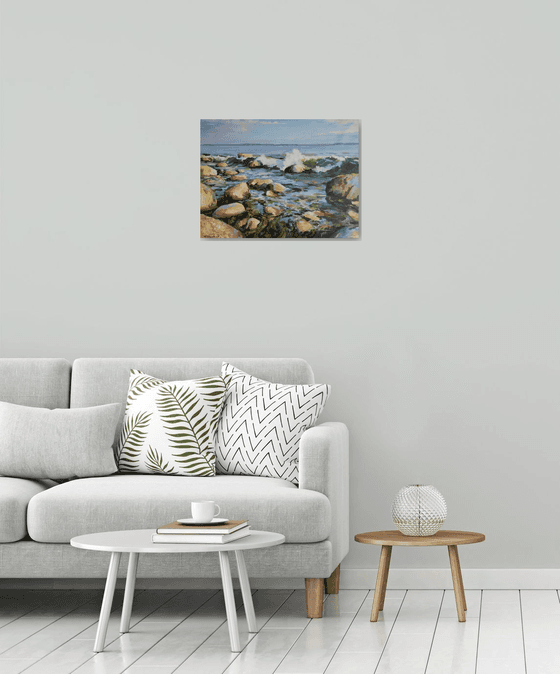 Warm stones, original one of a kind acrylic on canvas seascape