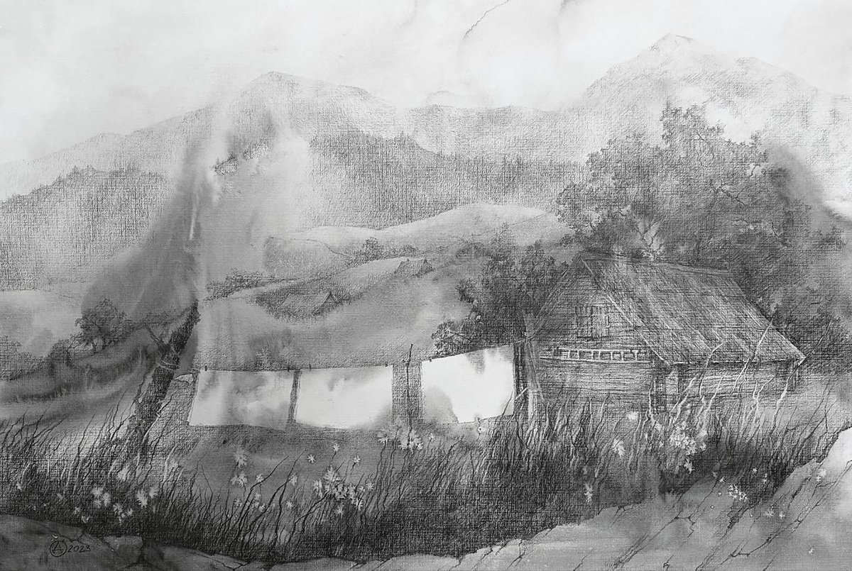 Landscape Pencil Drawing By Oksana Duchenchuk, 24 X 16", Morning, Original Artwork