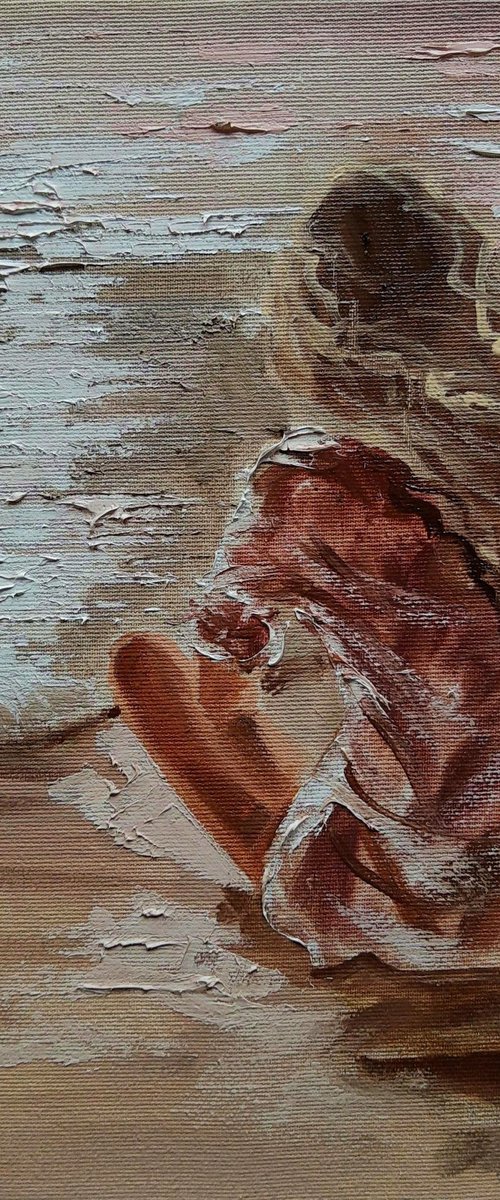" SUNRISE ... " SUN SKY SEA SAND liGHt  ORIGINAL OIL PAINTING, GIFT, PALETTE KNIFE by Monika Luniak