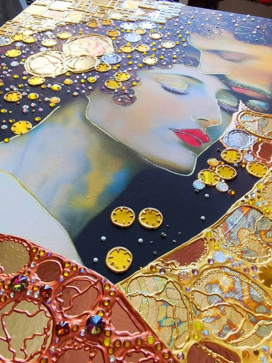 Love original painting. Golden decorative artwork with gold leaf. Gift for woman \ wife