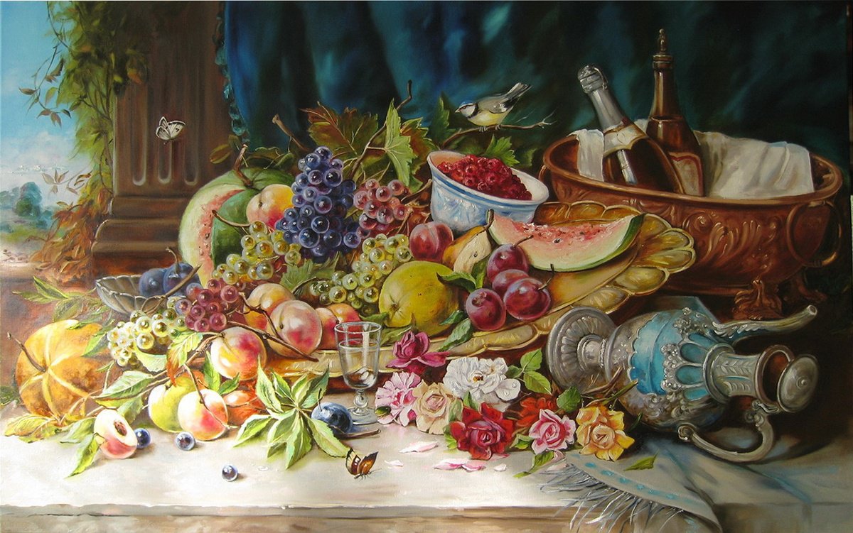 Impressionistic Still Life Oil Painting By Natalia Shaykina, 37 X 24", Fruit And Flowers With Wine, Original Artwork