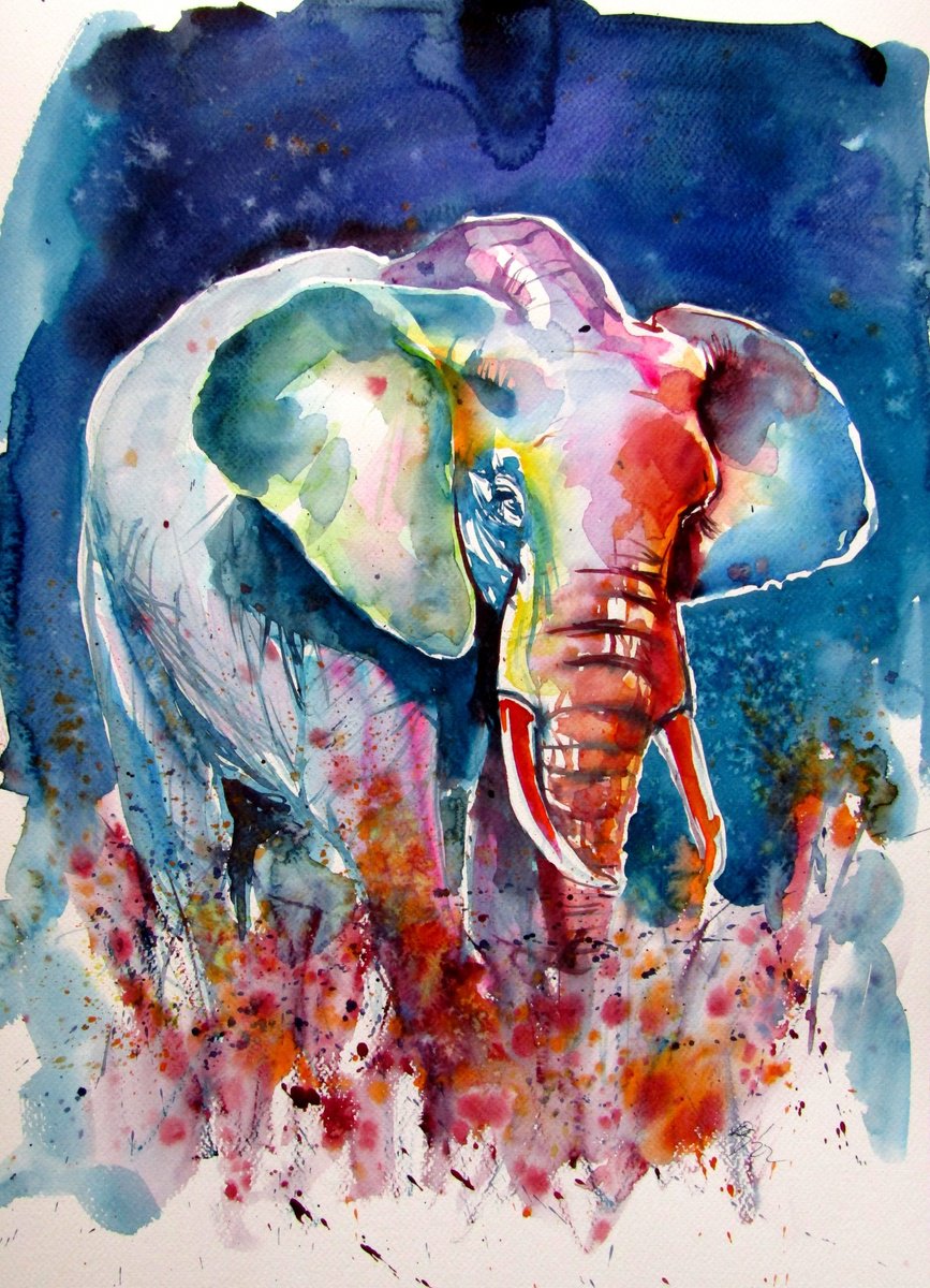Walking elephant at night by Kovacs Anna Brigitta