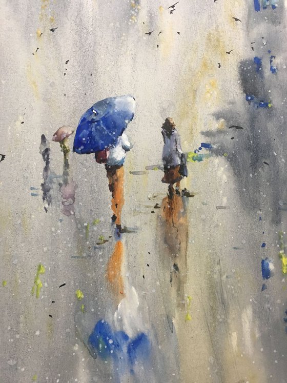 SOLD Watercolor “Lady with blue umbrella” special gift