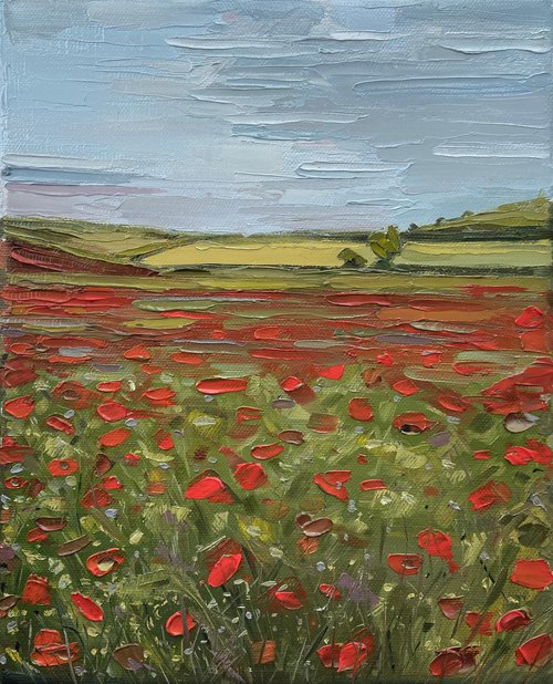 Landscape oil painting Poppy Flowers Field Original Oil Painting 23х28cm Palette Knife Impasto by Leysan Khasanova