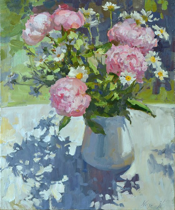 Peonies and Daisies in Sunlight