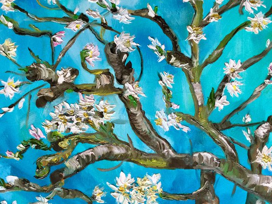 Almond blossom on turquoise inspired by Vincent Van Gogh oil painting ready to hang