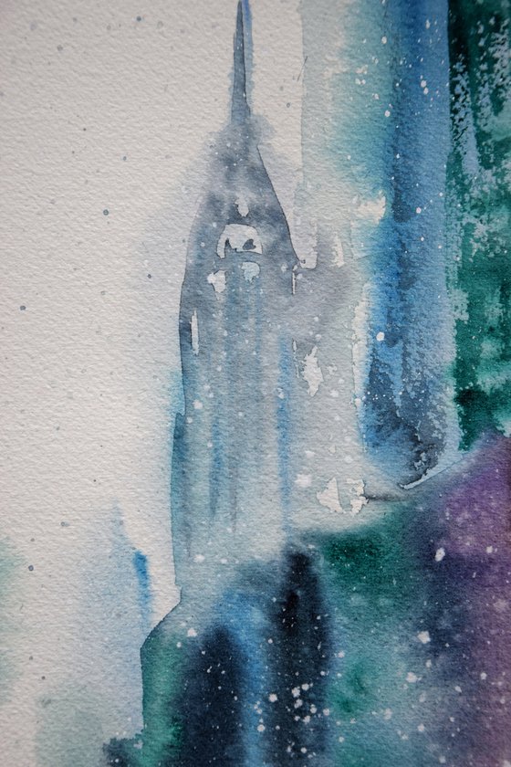 Snowy New York watercolor painting, original abstract cityscape, winter Manhattan