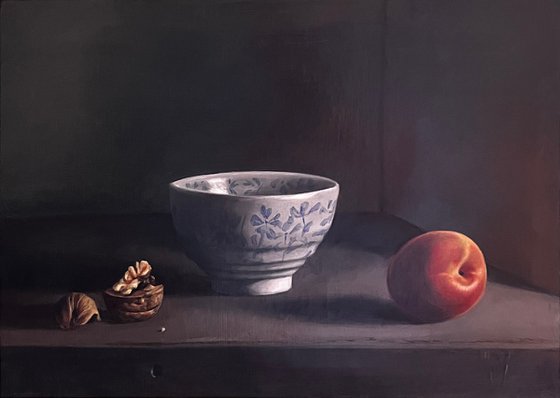 Grisaille Still Life: Peach and Walnuts