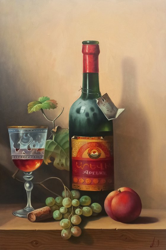 Still life with cup of cognac-2  (40x60cm, oil painting, ready to hang)