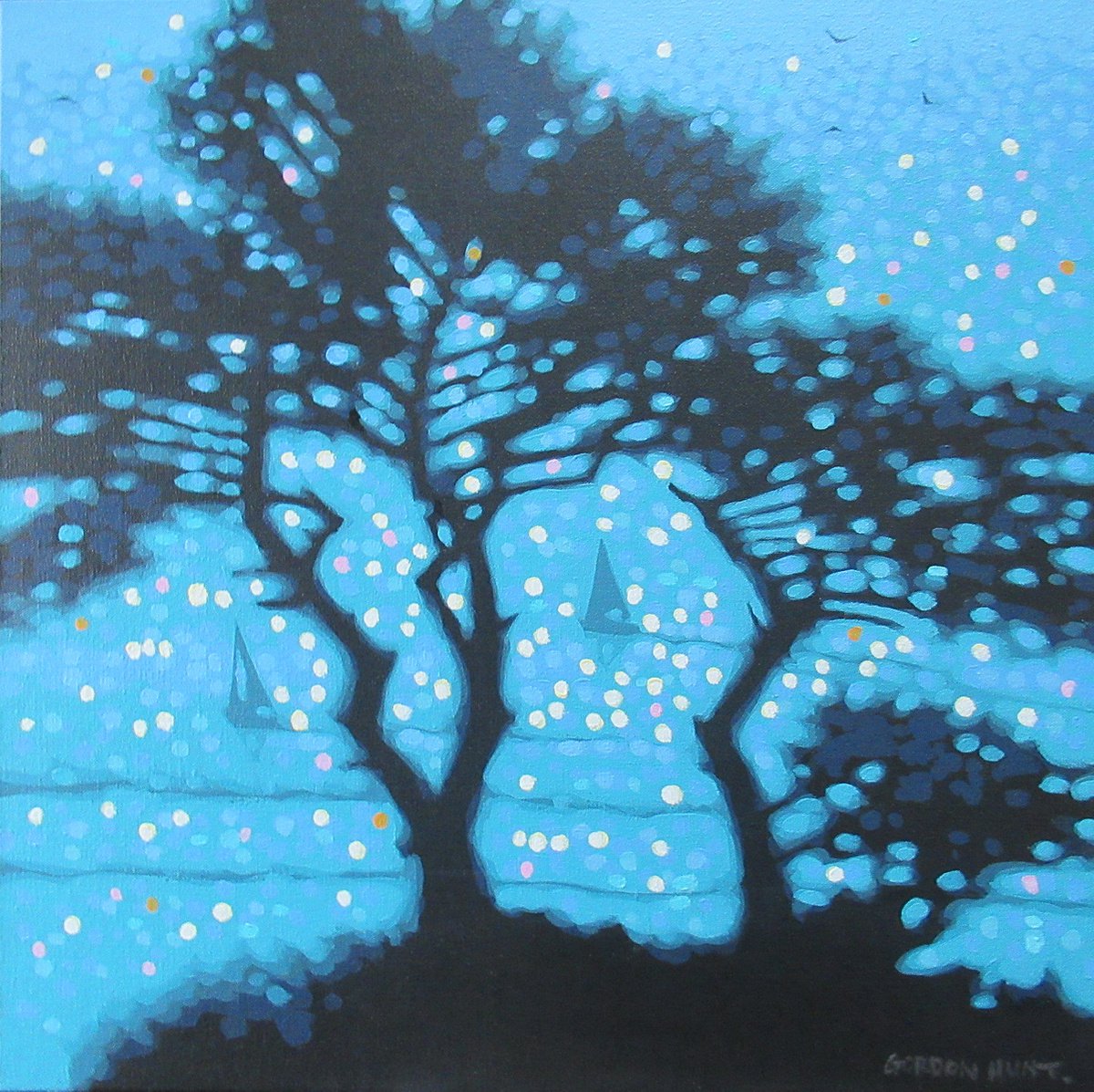 Impressionistic Landscape Acrylic Painting By Gordon Hunt, 16 X 16, Cliff Top Pines, Original Artwork