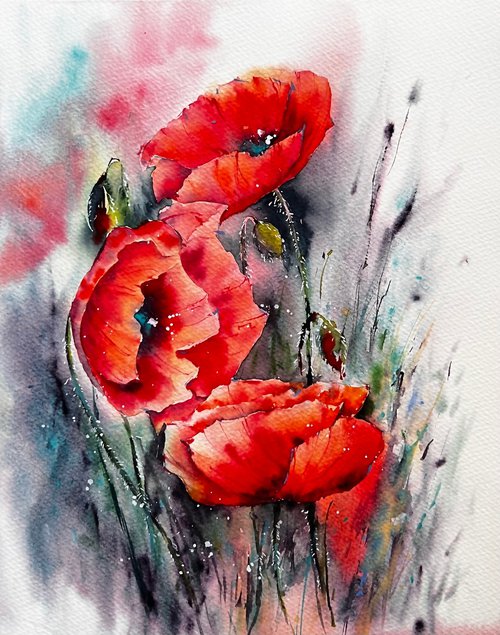 Red poppies Watercolor Flowers by Yana Ivannikova