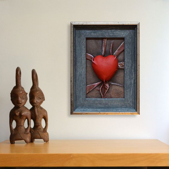 Lovers Heart 2 - Original Framed Leather Sculpture Painting Perfect for Valentine Day Gift