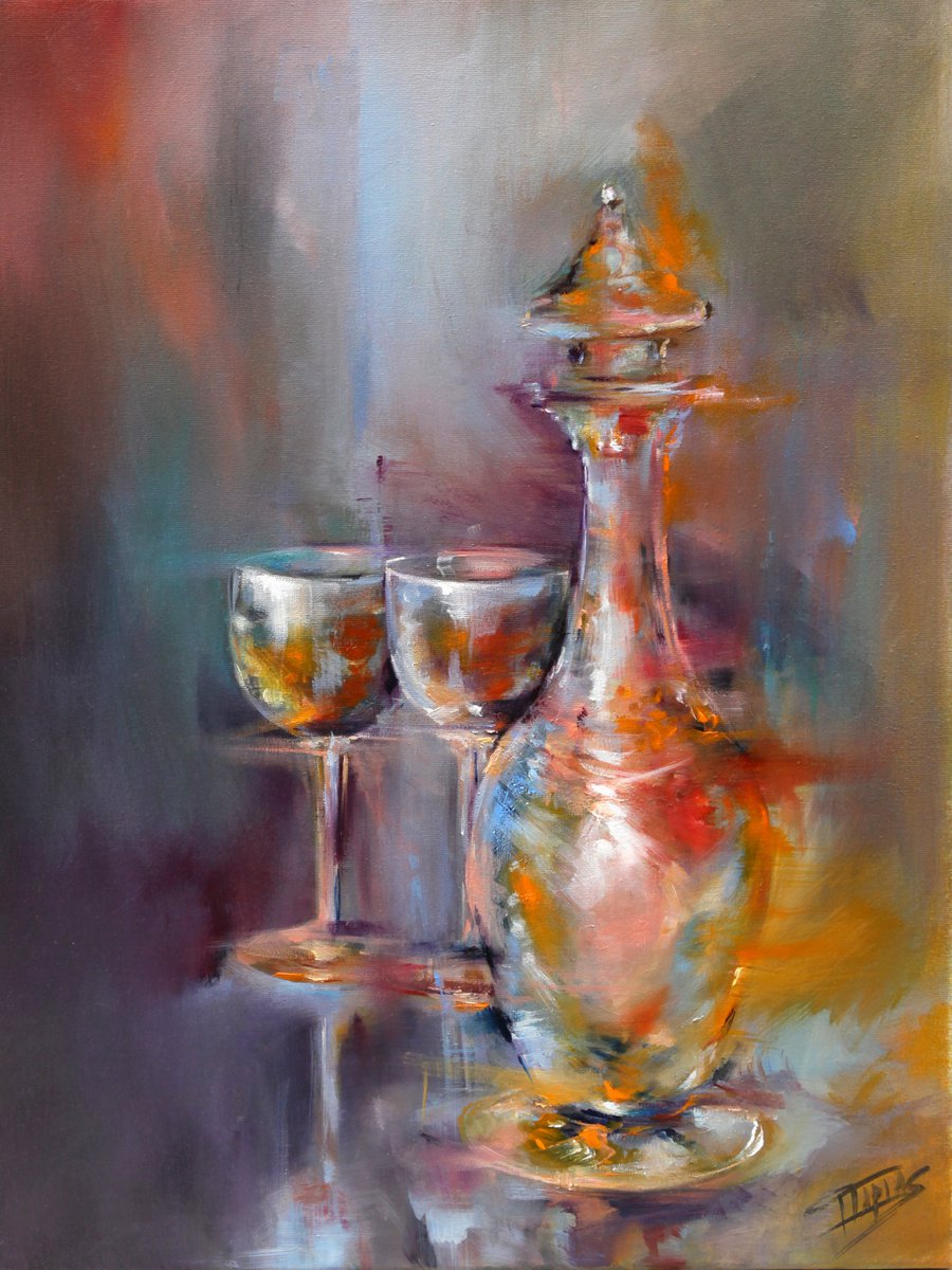 Illustrative Still Life Oil Painting By Isabel Tapias, 20 X 26, Music, Liquer And Passion, Original Artwork