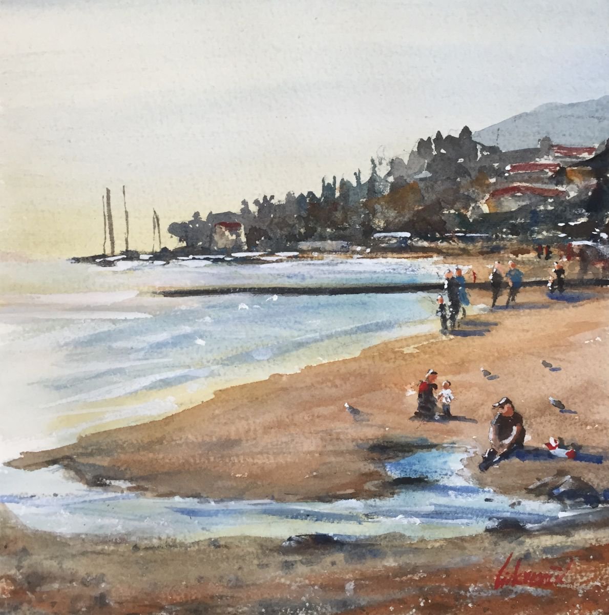 Impressionistic Landscape Watercolour By Tihomir Cirkvencic, 10 X 10", Seascape 4 - Squared 25X25, Original Artwork
