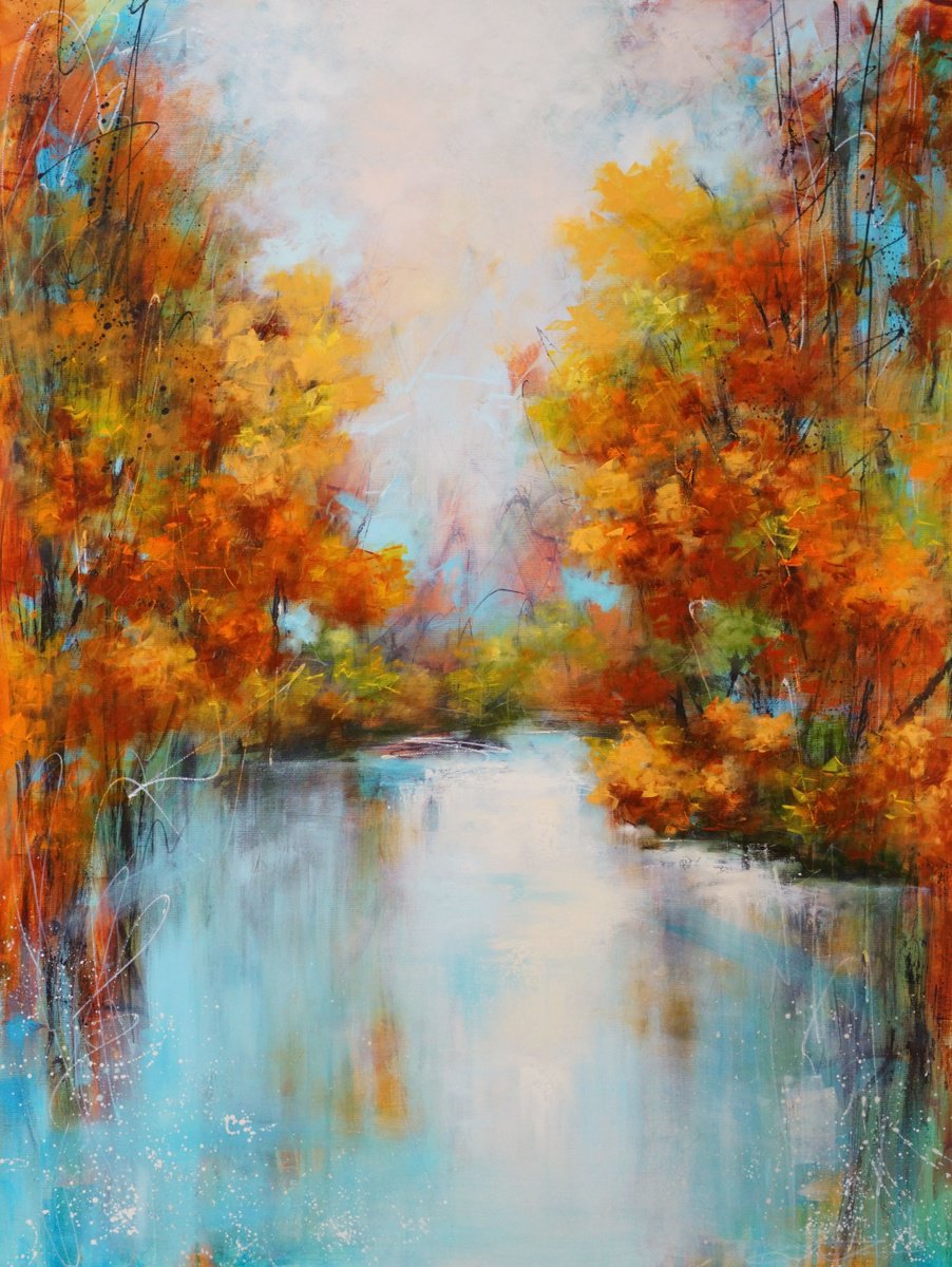 Abstract Landscape Oil Painting By Vera Hoi, 37 X 49", "Lake Serenity In Fall Hues", Original Artwork
