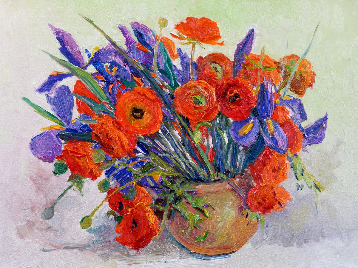Orange Ranunculus and Blue Iris Flowers by Suren Nersisyan