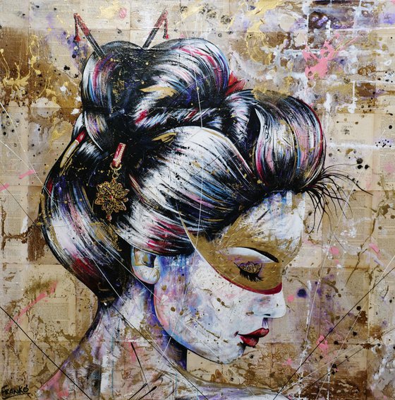 Shizukesa 120cm x 120cm Geisha Book Page Textured Abstract Realism Art