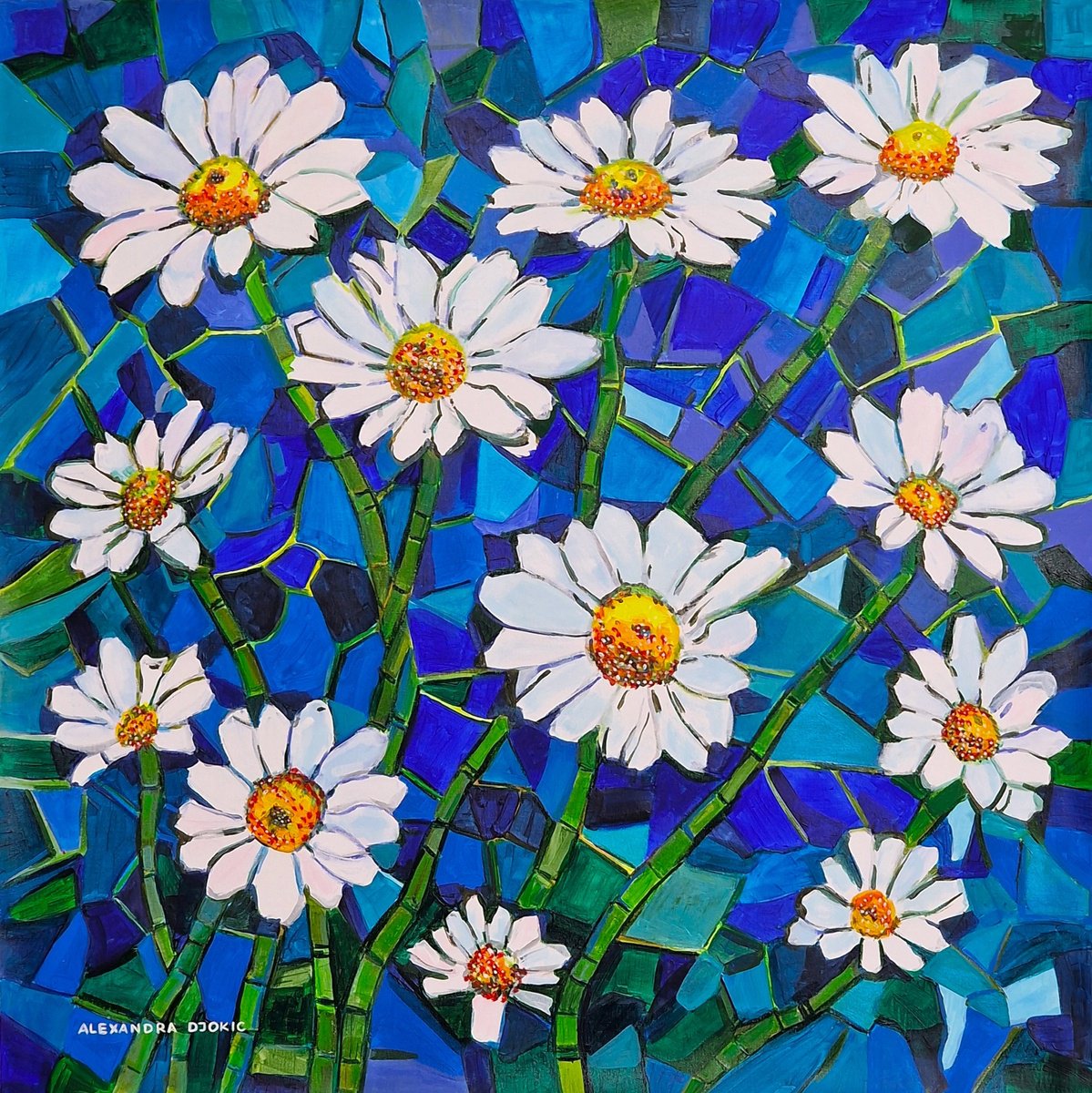 Organic Botanical Acrylic Painting By Alexandra Djokic, 31 X 31, White Flowers, Original Artwork