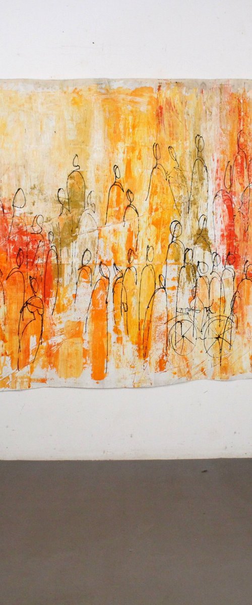 orange citylife with bikes  xxl on canvas, not stretched by Sonja Zeltner-Müller