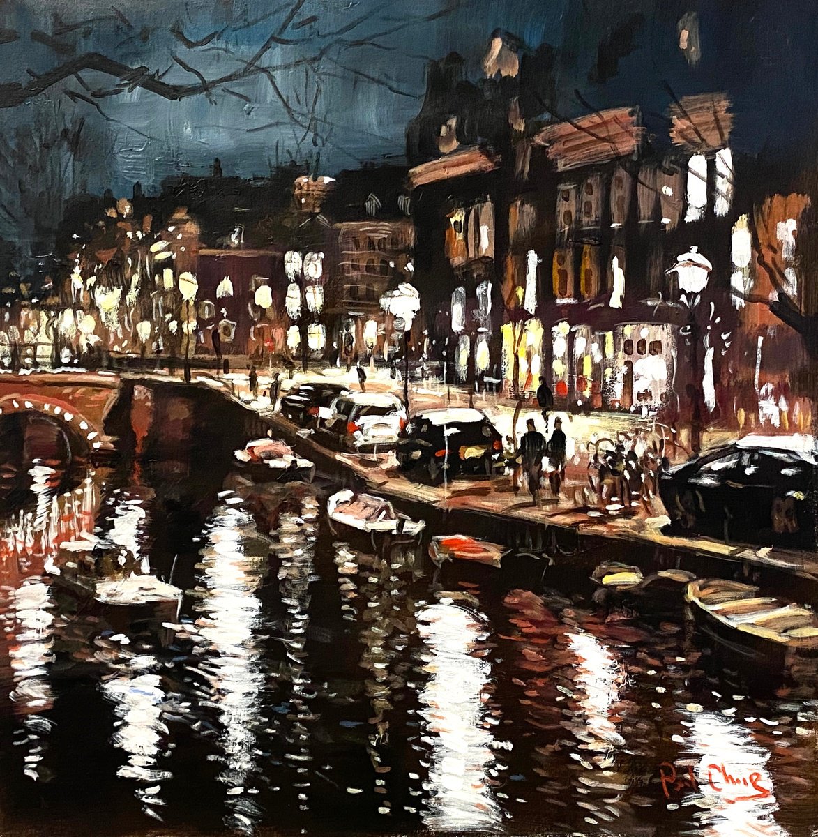 Impressionistic Cityscapes Acrylic Painting By Paul Cheng, 28 X 28", Amsterdam Night, Original Artwork