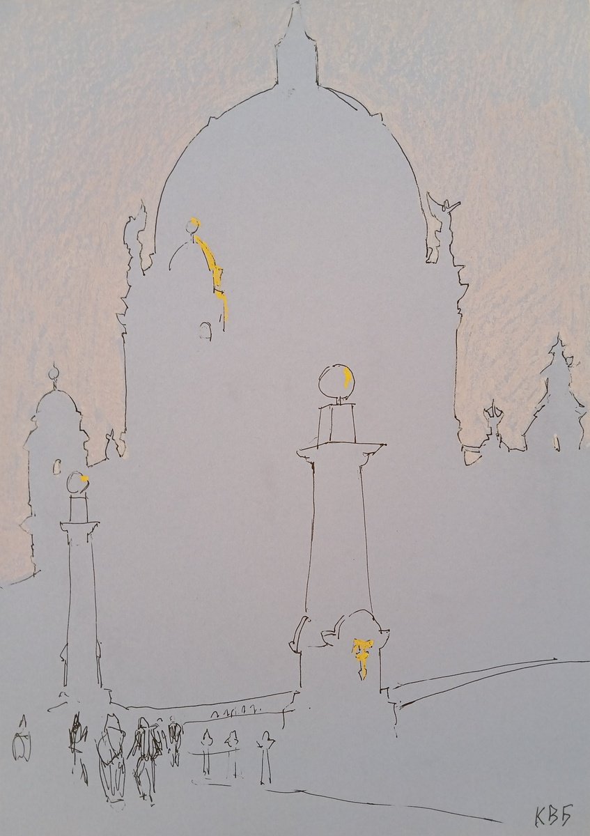 Graphic Cityscapes Pastel Drawing By Vasyl Koval, 9 X 13", Berlin Cathedral, Original Artwork