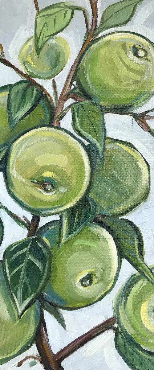 Green apple tree  still life oil painting on canvas 41x32 by Leysan Khasanova