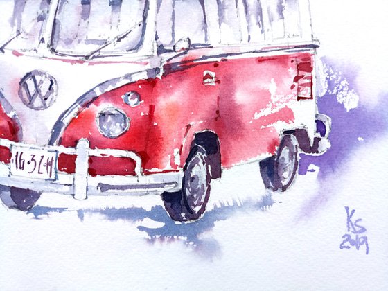 Watercolor sketch "Retro car" original illustration