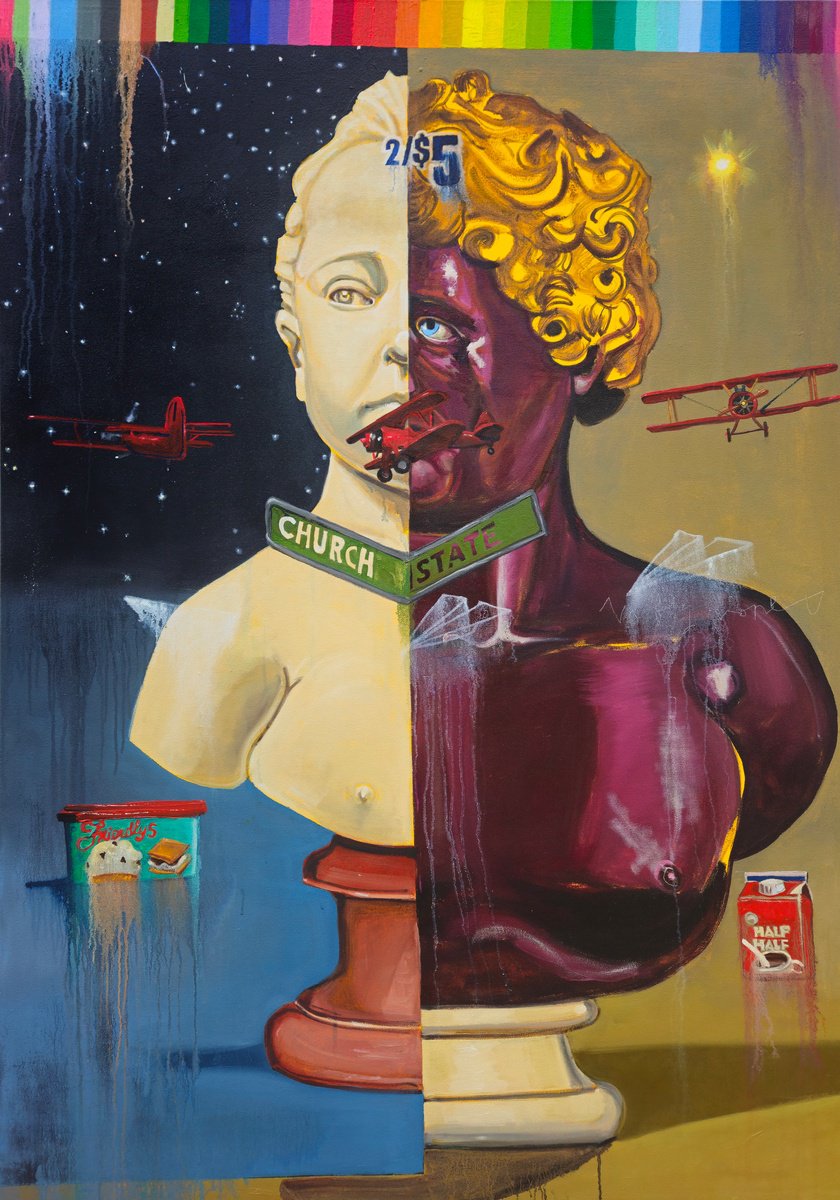 Urban And Pop Portrait Oil Painting By Shelton Walsmith, 48 X 72", Love+Death+Church+State, Original Artwork