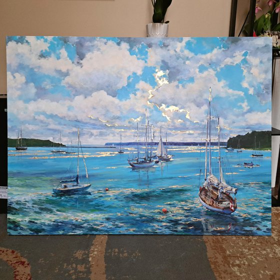 Morning on the bay (mixed-media, acrylic and gold leaf) (36x48x1.5")