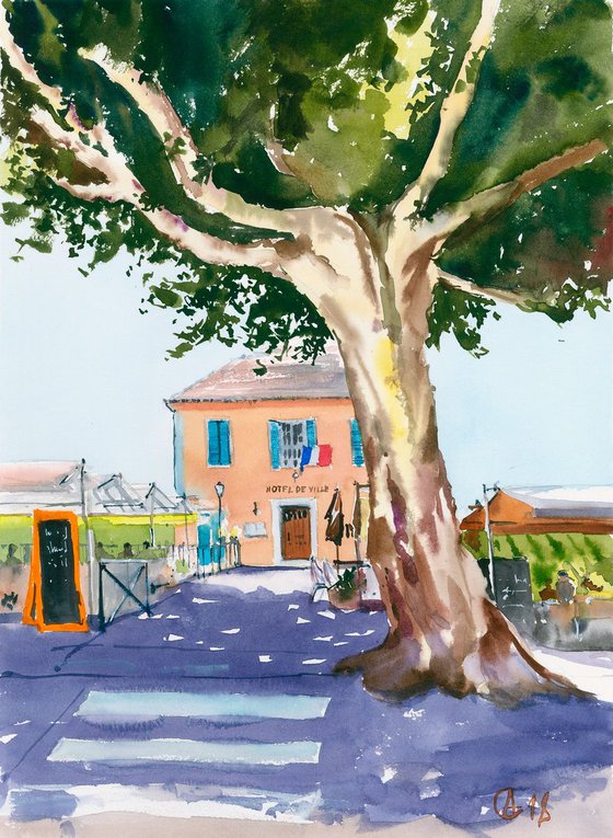 Digne. Provence. Original watercolor. Small warm provence artwork france city urban travel romantic light shadow
