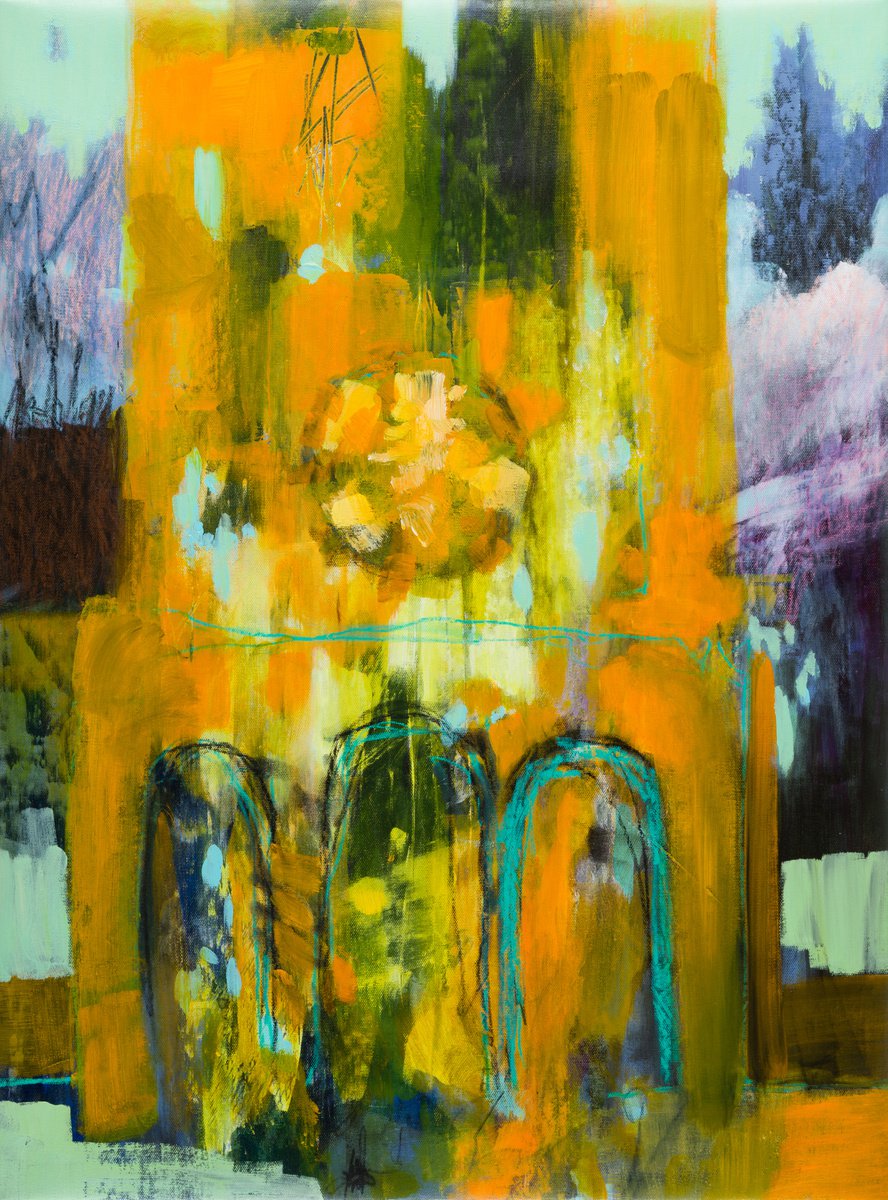 Impressionistic Cityscapes Acrylic Painting By Fabienne Monestier, 24 X 32, The Cathedral N°2, Original Artwork