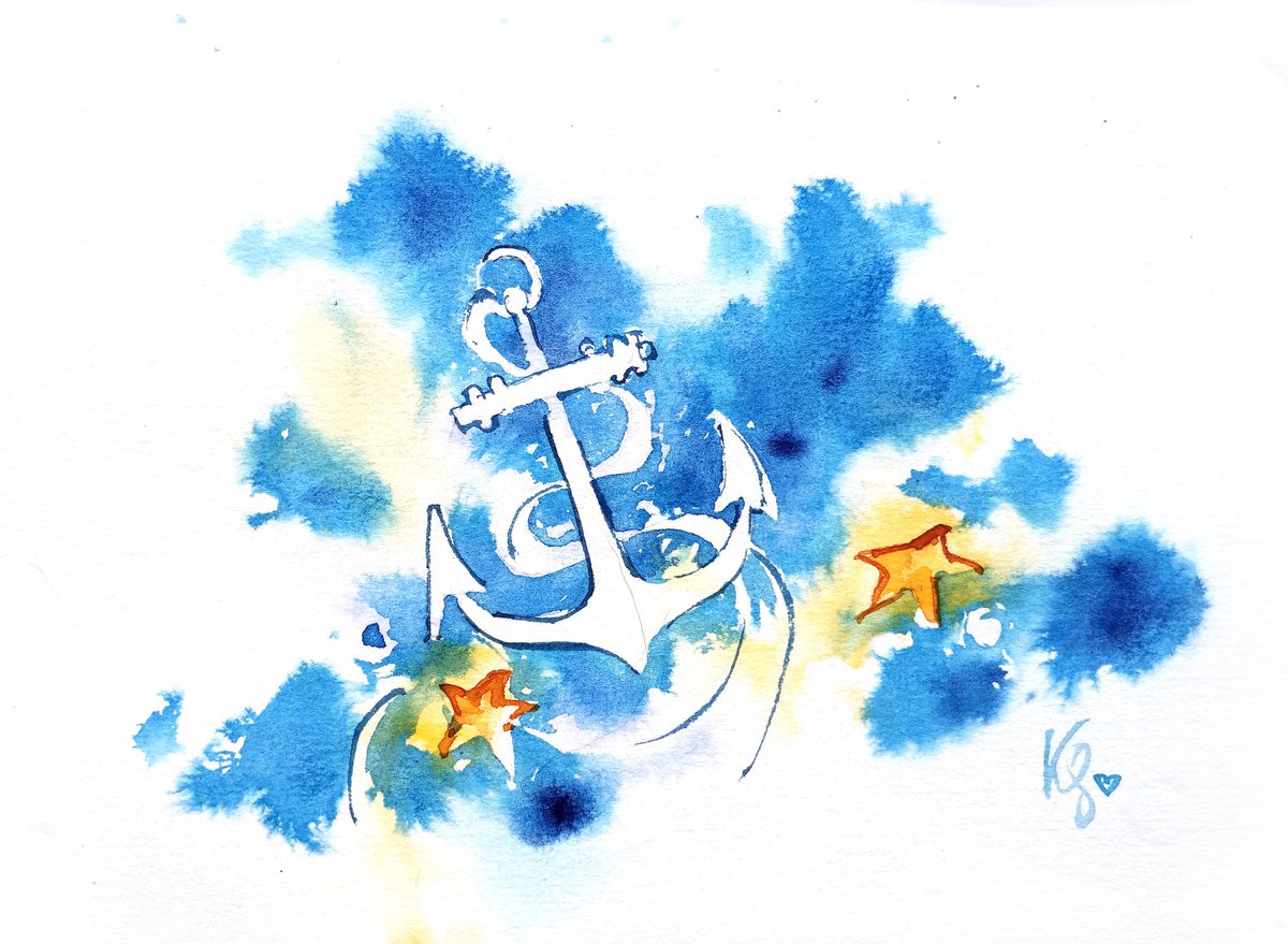 Anchor in the Sea small original watercolor artwork in square format by Ksenia Selianko