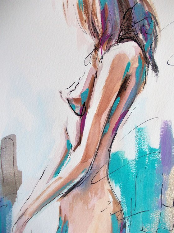 Nude Woman Study - Watercolor Mixed media Painting in Paper