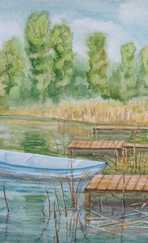 Forgotten boat - watercolor landscape by Julia Gogol